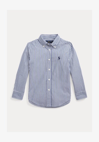 Camisa de botão com riscas verticais em azul-marinho e branco, gola, mangas longas e um pequeno logotipo do lado esquerdo. Feita de material têxtil.