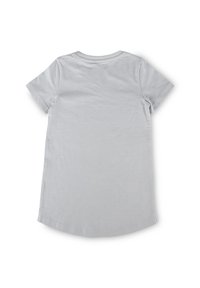 Light gray t-shirt with short sleeves, made from soft cotton, featuring a round neckline and a curved hem at the bottom.