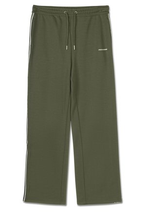 Olivno zeleni trenirke z ohlapnim krojem, narejene iz mehkega materiala, z belimi stranskimi črtami in nastavljivim pasom z vrvico.