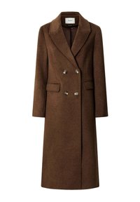 Brown wool-blend double-breasted coat with notched lapels, two front pockets, and metallic buttons. Straight silhouette, knee-length.