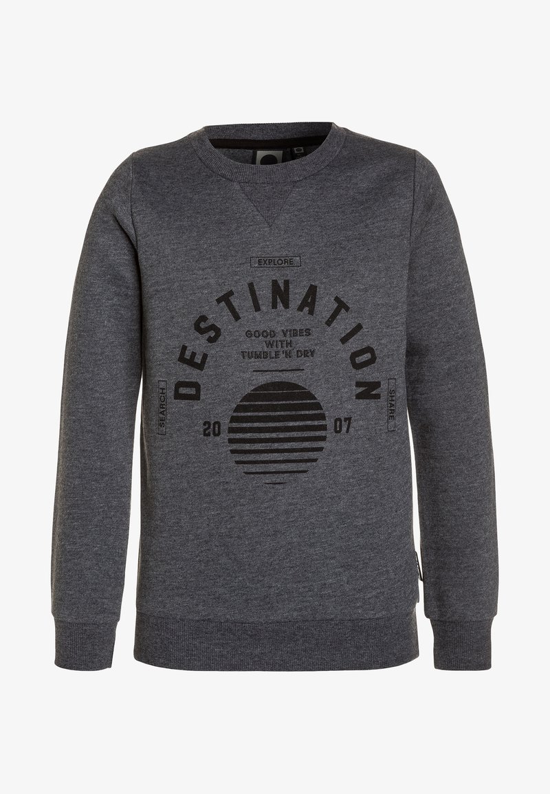 Sweatshirt gris foncé à col rond, avec un design graphique circulaire en texte noir. Comprend les mots "DESTINATION" et un cercle rayé.