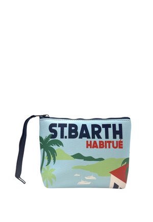 Astuccio blu con zip e cinturino da polso con palme, barche, colline, un edificio con tetto rosso e la scritta "ST. BARTH HABITUÉ."
