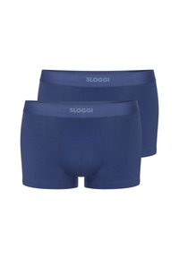 Navyblaue Baumwoll-Boxershorts von SLOGGI mit elastischem Bund, der das Logo trägt. Sie besitzen eine glatte Textur und ein enges Design mit einem vorderen Beutel.