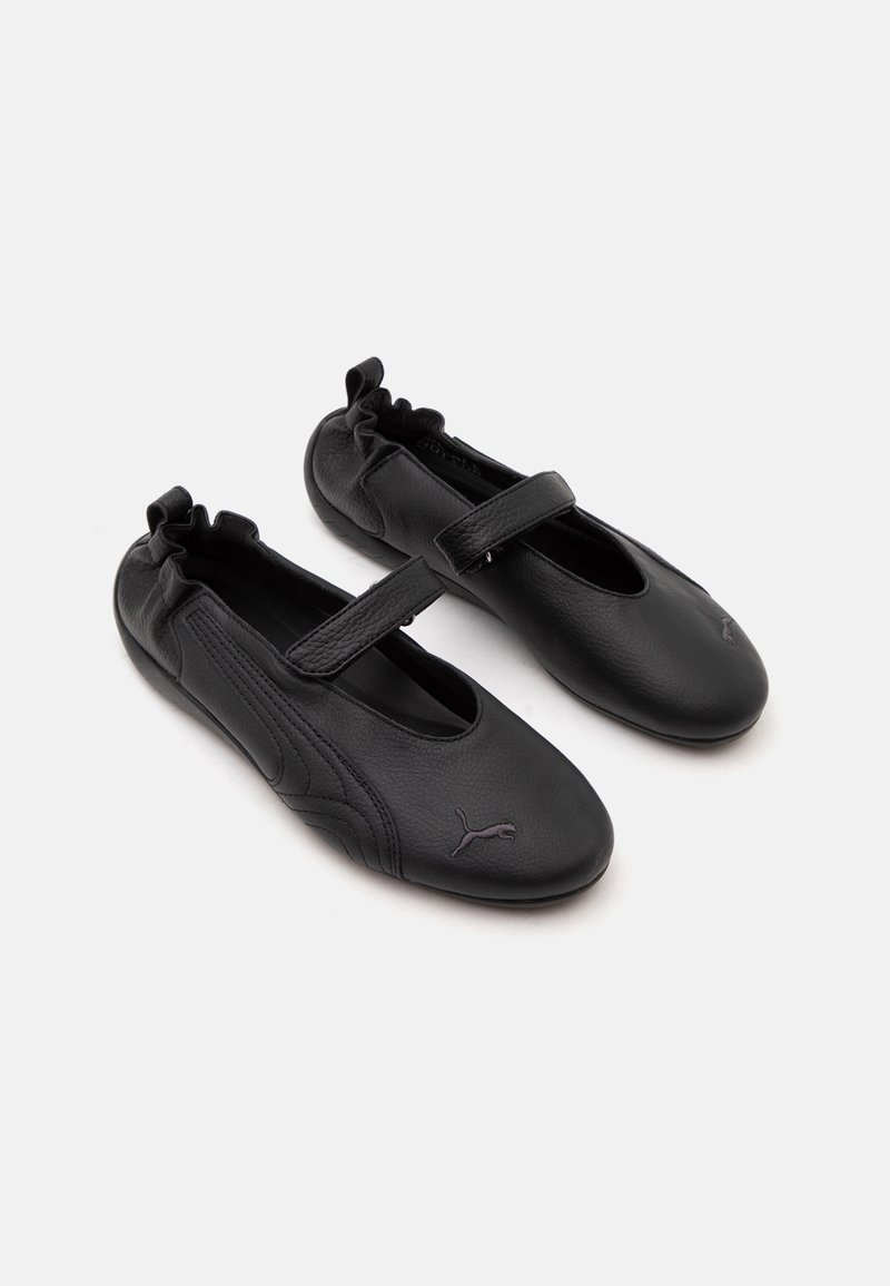 Paire de chaussures en cuir noir style Mary Jane avec talon élastiqué et bride ajustable, avec logo Puma sur la zone des orteils.