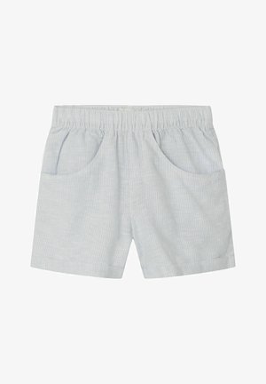 Hellblaue karierte Shorts mit elastischem Bund, zwei seitlichen Taschen und einem lockeren Schnitt. Hergestellt aus atmungsaktivem Stoff mit glatter Textur.