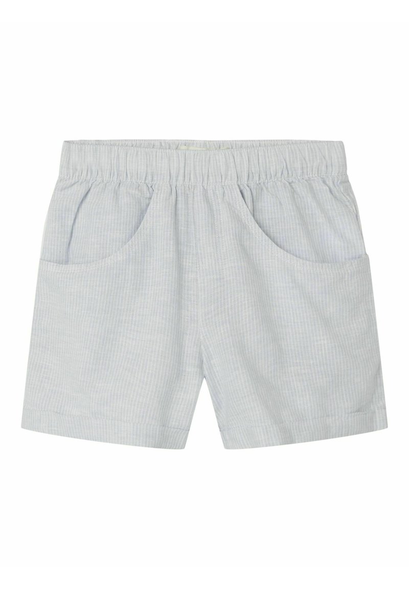 Světlé modré kostkované šortky s elastickým pasem, dvěma bočními kapsami a uvolněným střihem. Vyrobené z prodyšné tkaniny s hladkým povrchem.
