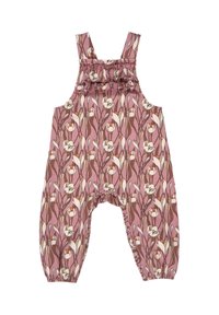 Roze bloemenromper met een gerimpelde neklijn, voorzien van een patroon van witte bloemen en bruine stelen, gather manchetten en verstelbare bandjes.