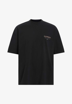 T-shirt nera in cotone con maniche corte, scollatura rotonda, con il logo "ALLSAINTS" in un colore a contrasto sul petto. Design pulito.