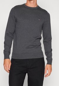 Grå stickad tröja med långa ärmar, rund halsringning och ribbade ärmslut. Har en liten logotypaccent på bröstet. Bärs med svarta byxor.