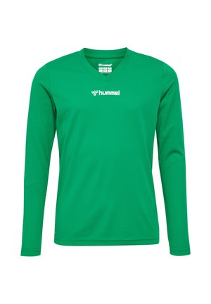 Grünes langärmliges Sportshirt aus strukturiertem Stoff. Mit V-Ausschnitt und weißem Logo auf der Brust. Schlichtes, elegantes Design.