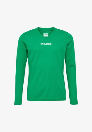 Groene sportieve long-sleeve shirt van textiel met structuur. Heeft een V-hals en een wit logo op de borst. Eenvoudig, strak ontwerp.