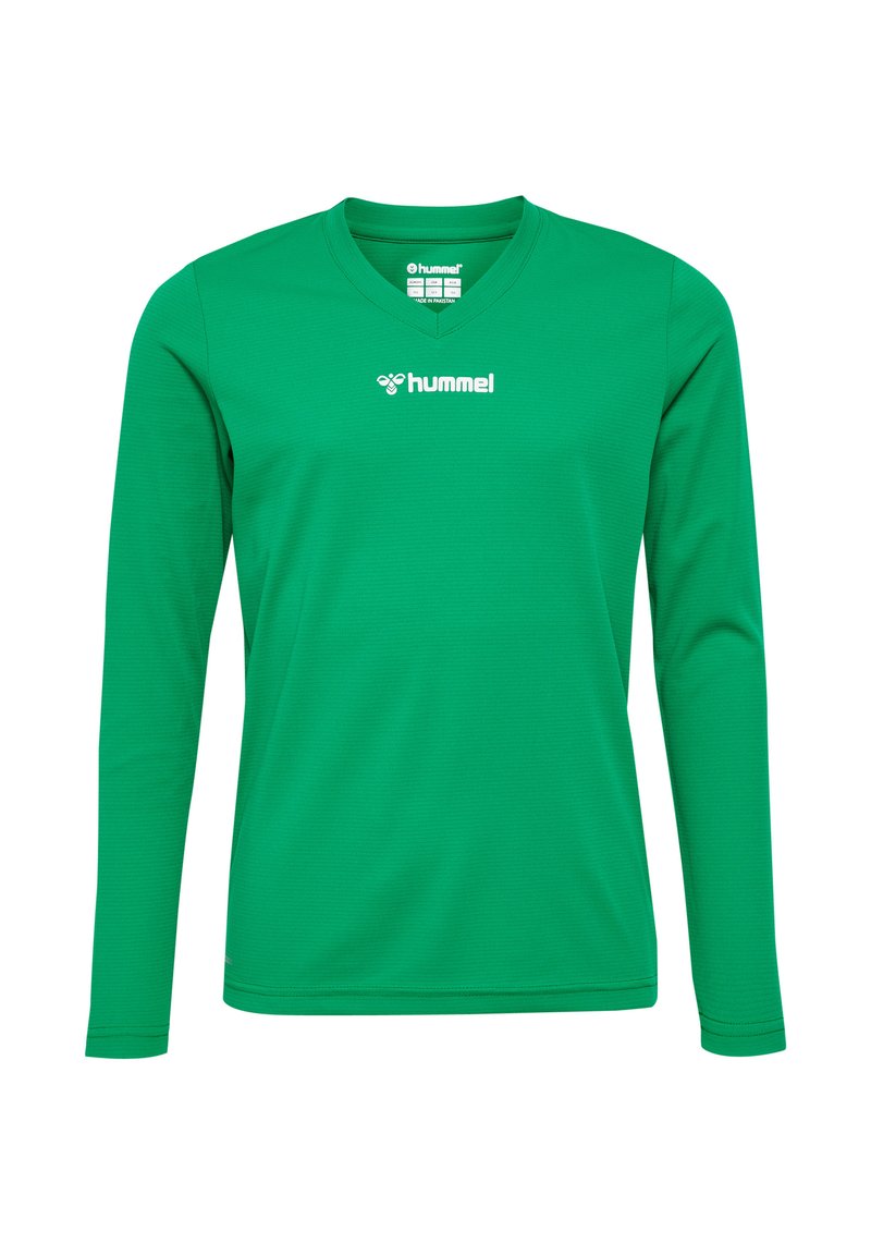 Grünes langärmliges Sportshirt aus strukturiertem Stoff. Mit V-Ausschnitt und weißem Logo auf der Brust. Schlichtes, elegantes Design.