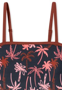 Zweifarbiges Badeanzug mit einem dunkelblauen Hintergrund und pinkfarbenen Palmenmustern, dünnen braunen Trägern und strukturierten Details entlang der Kanten.
