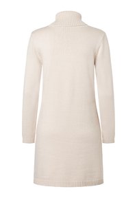 Langer, hellbeiger Pullover mit hohem Kragen, gerippten Bündchen und Saum. Aus einem weichen, strukturierten Strickstoff gefertigt. Keine sichtbaren Muster oder Verzierungen.