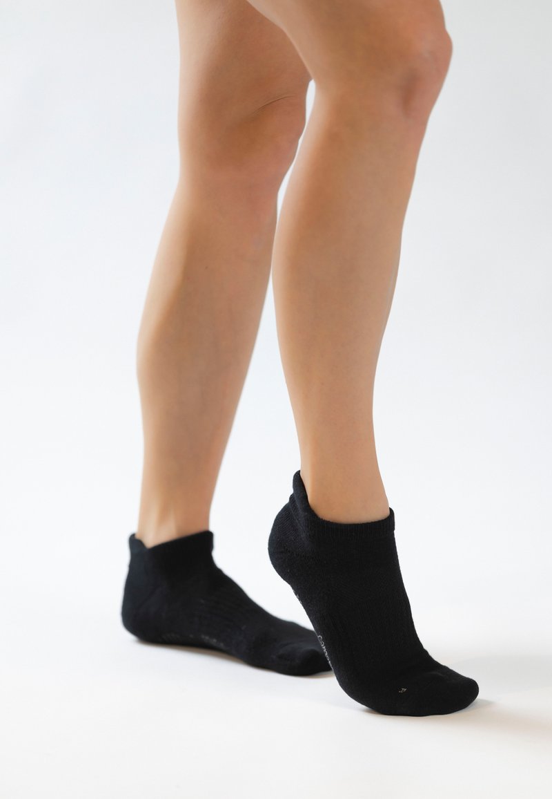 Sorte ankelstrømper lavet af et blødt, strækbart materiale. Har ribbet struktur og tætsiddende pasform omkring hælen og tæerne.