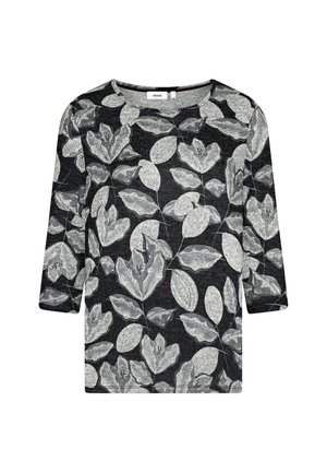 Black top with three-quarter sleeves featuring a botanical leaf print in light gray. Fabric has a soft texture and a relaxed fit.