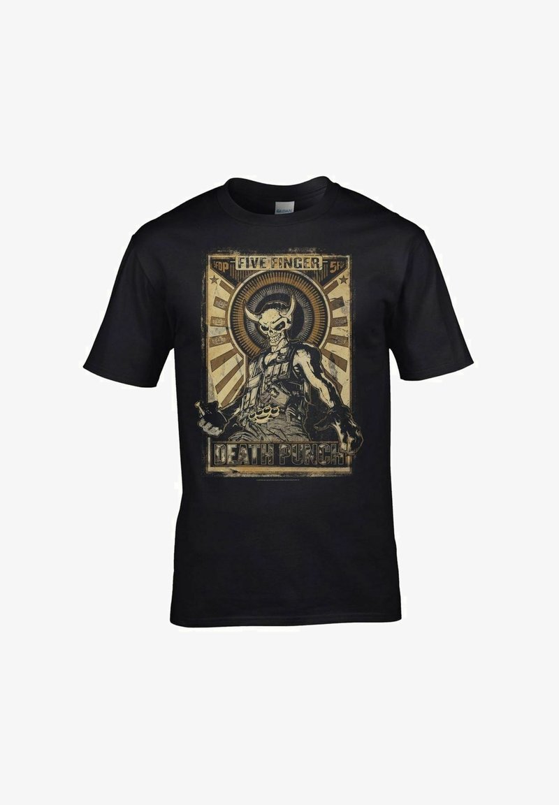 Černé bavlněné tričko s grafickou potisk s lebkou a rohy, obklopené vzorem slunečního svitu a textem "FIVE FINGER DEATH PUNCH."