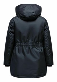 Svart huva parka-jacka med insvängd midja, slät yta och långa ärmar. Enkel design med medellång längd.