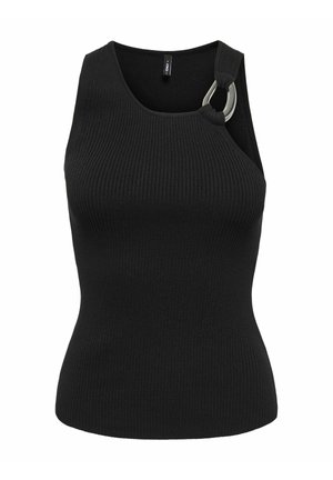 Haut noir sans manches à côtes avec encolure asymétrique et détail d'anneau métallique sur l'épaule gauche.