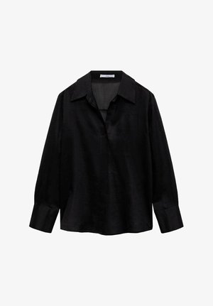 Cămașă neagră cu mânecă lungă, fabricată dintr-un material neted, cu un guler larg. Are un tiv fără nasturi și o croială lejeră.