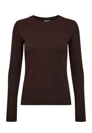 Dark brown, long-sleeve ribbed knit top with a crew neckline and a regular fit.