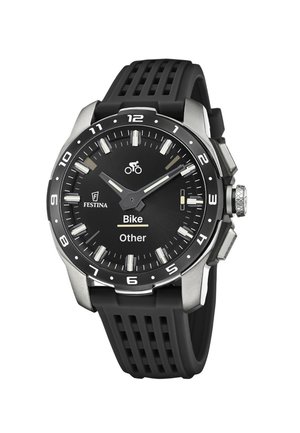 Orologio da polso Festina nero con cassa in argento, cinturino in silicone nero, quadrante analogico che mostra le opzioni "Bike" e "Other" e icona di bicicletta sul quadrante.