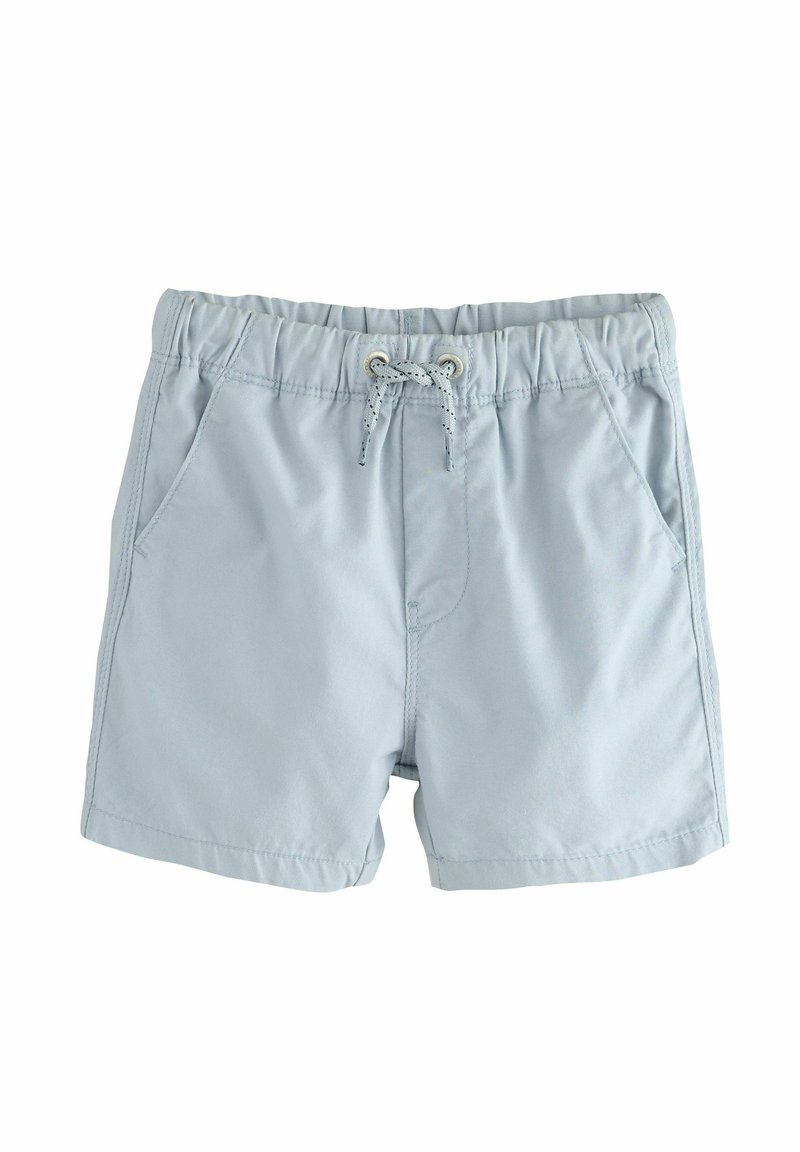 Shorts de bain bleu clair avec une taille élastique, fermeture à cordon et poches latérales. Fabriqués à partir d'un tissu lisse et léger.