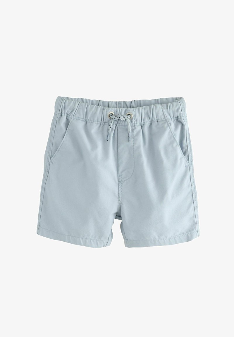 Shorts bleu clair à taille élastique avec poches avant et cordon blanc à pois noirs à la taille.