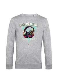 Felpa grigia con un design grafico di cuffie con accenti colorati e il testo "STRAIGHTFIRE" sopra e "TROPICAL TWIST" sotto.