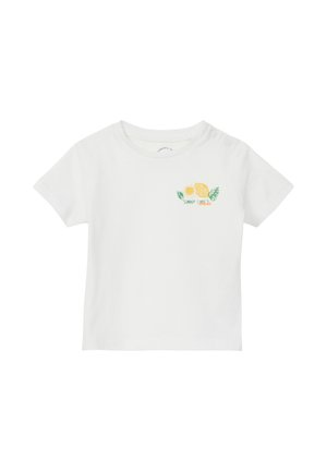 Weißes T-Shirt mit Kurzärmeln für Kleinkinder, mit einem Zitronenmotiv und dem Text "Sonnige Zeiten voraus", mit Druckknöpfen an einer Schulter.
