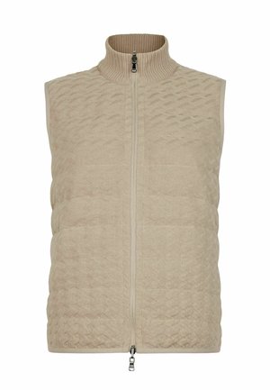 Beige ärmellose Strickweste mit strukturiertem Rautenmuster, hohem Rippenkragen und doppellagigem Reißverschluss.