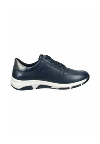 Navy leather sneaker with white sole, featuring a smooth texture, rounded toe, and grey accent at the heel. Laces for a secure fit.