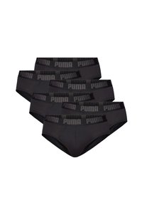 Schwarze Baumwoll-Boxershorts mit einem weichen Bund, auf dem das Puma-Logo prominent auf der Vorderseite platziert ist. Fünf Stücke übereinander gestapelt zur Anzeige.