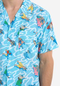 Short-sleeve shirt made of lightweight fabric, featuring a blue abstract wave pattern with colorful cartoon characters and a chest pocket.