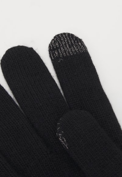 Gants en tricot noirs avec une finition texturée, ornés de fils métalliques tissés dans les doigts pour une compatibilité avec les écrans tactiles.
