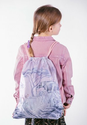 Der Rucksack mit Kordelzug besteht aus einem helllila Stoff mit einem Design von einem Elefanten und Laub. Weiche Satinstofftextur mit verstellbaren Trägern.