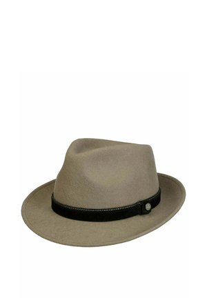 Beige fedora hat with a black leather band and a small round metallic button on the side, displayed on a white background.