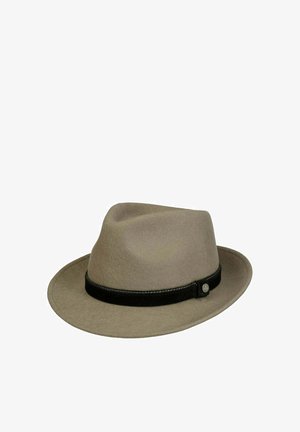 Beige fedora hat with a black leather band and a small round metallic button on the side, displayed on a white background.
