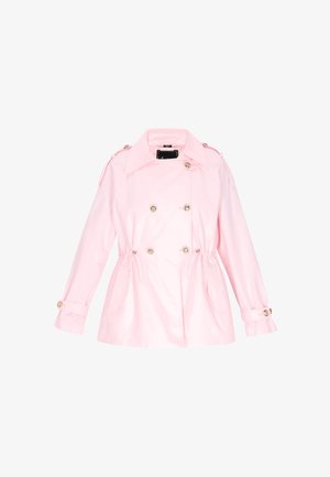 Light pink trench coat with a double-breasted design, gold buttons, elastic waistband, and two front pockets; made from smooth fabric.