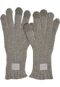 Mânuși tricotate gri, cu textură ribbed, design cu cinci degete și un mic etichetă rectangulară, inscripționată "URBAN CLASSICS" pe manșetă.