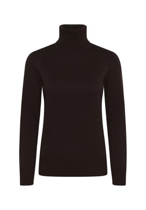 Schwarzer Rollkragenpullover aus geripptem Strick. Verfügt über lange Ärmel und eine figurnahe Silhouette, mit hohem Kragen und einfarbigem Design.