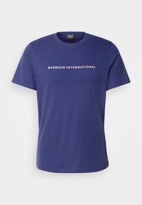Navy blue cotton t-shirt with short sleeves and a crew neckline, featuring white text "BARBOUR INTERNATIONAL" across the chest.