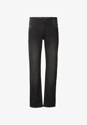 Jeans in denim nero con vestibilità a gamba dritta, design a cinque tasche, leggero sbiadimento, cuciture a contrasto e cintura con marchio.