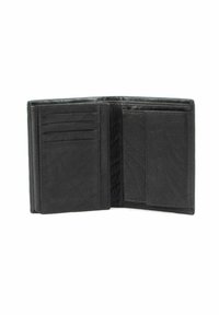Black leather wallet, bi-fold design, features multiple card slots and open compartments, smooth texture with subtle grain and stitching details.