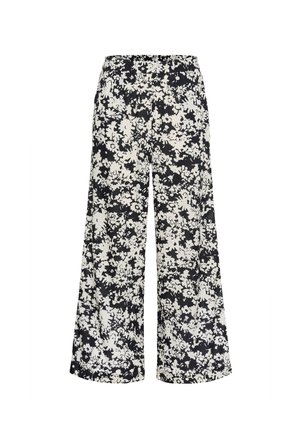 Pantalons à jambe large avec un motif floral noir et blanc. Fabriqués en tissu léger avec une taille élastique. Présentent des motifs détaillés de feuilles et de fleurs.
