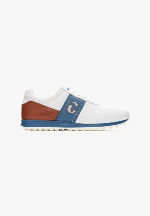 White athletic shoe with brown and blue accents, featuring perforated upper material, round laces, and a textured sole for grip.