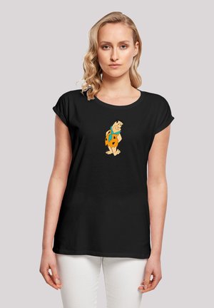 Black short-sleeve t-shirt featuring a cartoon character with orange and brown spots, a blue collar, and a playful design on the front.