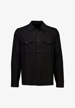 Chemise noire boutonnée avec col, deux poches poitrine, manches longues et texture lisse mate. Boutons noirs.