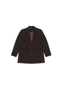 Blazer marrón a cuadros con solapa, dos bolsillos frontales y dos botones. Forro interior marrón liso, diseño estructurado.
