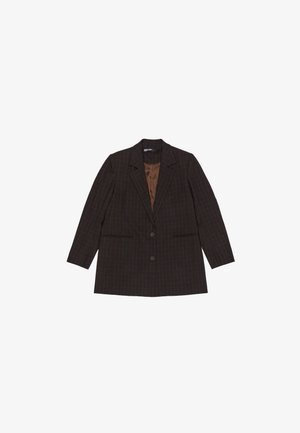 Brązowa marynarka w kratę z klapami, dwoma przednimi kieszeniami i dwoma guzikami. Gładka brązowa podszewka, usztywniony krój.